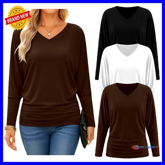 Long Sleeve Dolman Tops 3 Pack V-Neck Bat Wing Sleeves Lightweight Tees